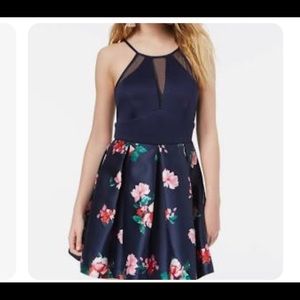 Teeze me Junior Fit & Flare Floral Print Halter Illusion navy blue size 3